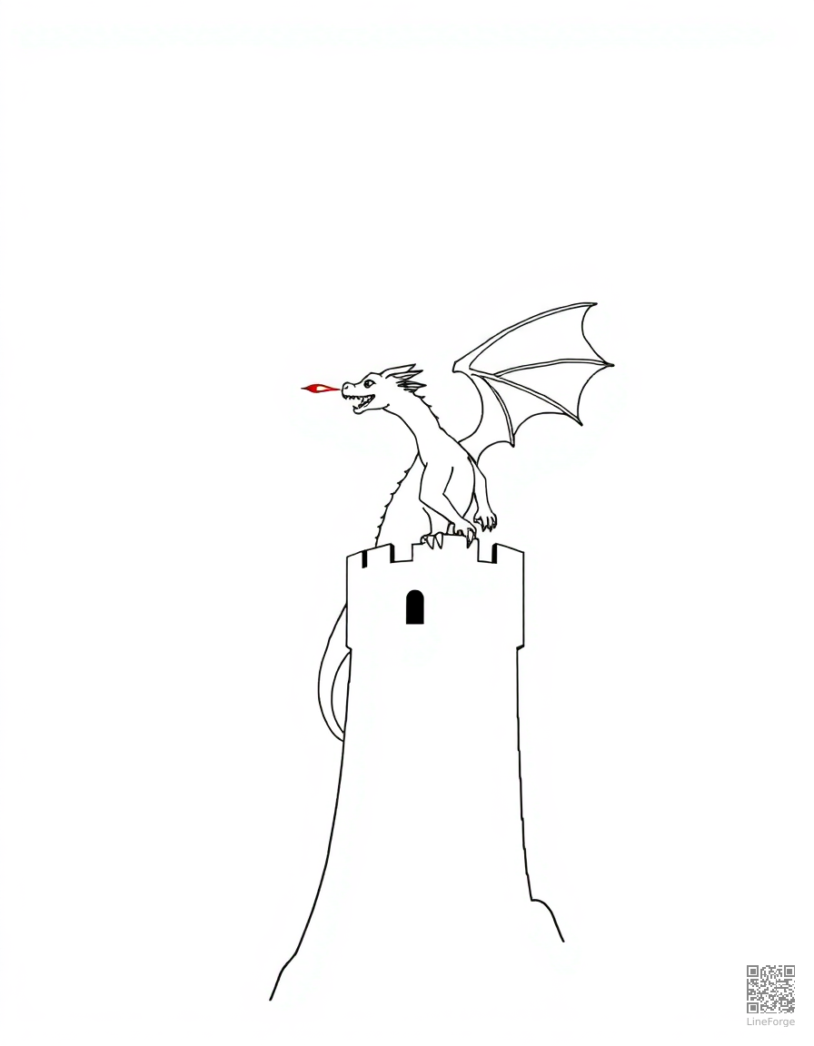A fire-breathing dragon perched on a castle tower coloring page Minimal style - free printable