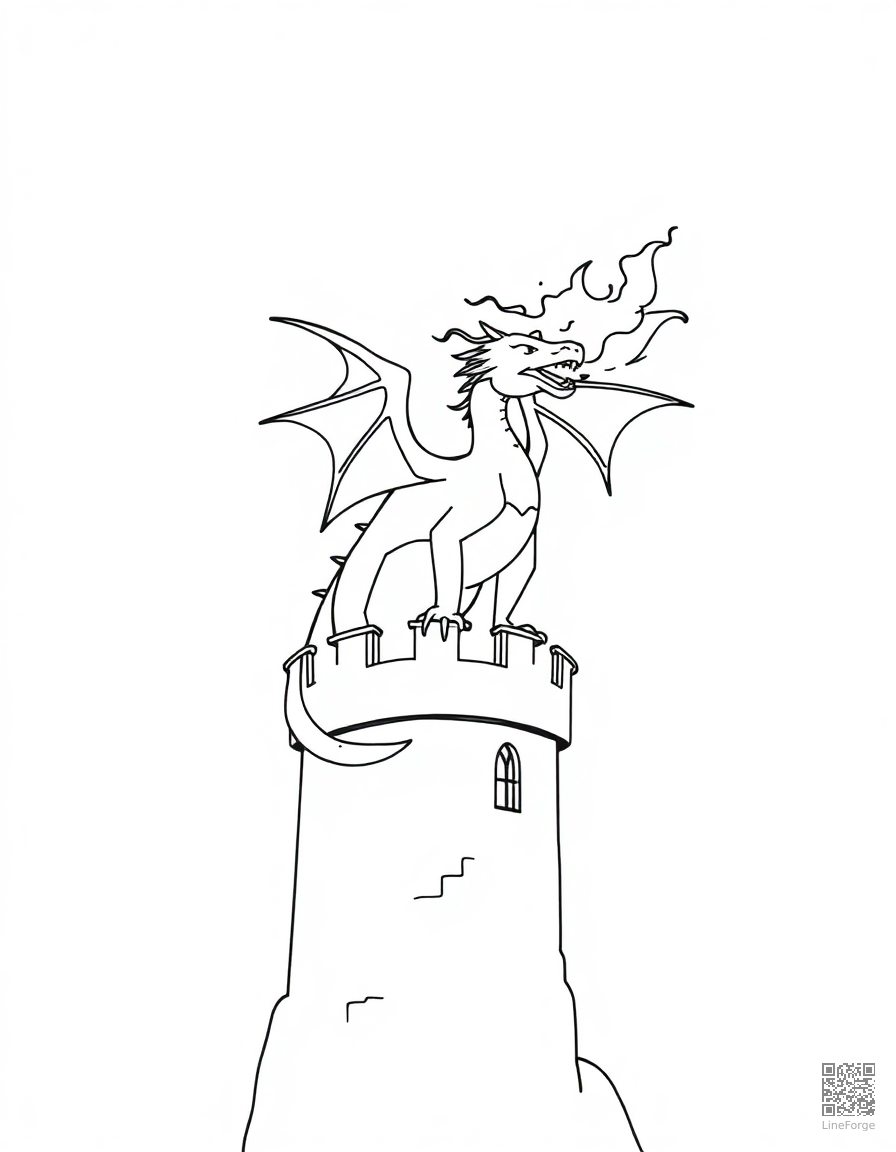 A fire-breathing dragon perched on a castle tower coloring page Minimal style - free printable