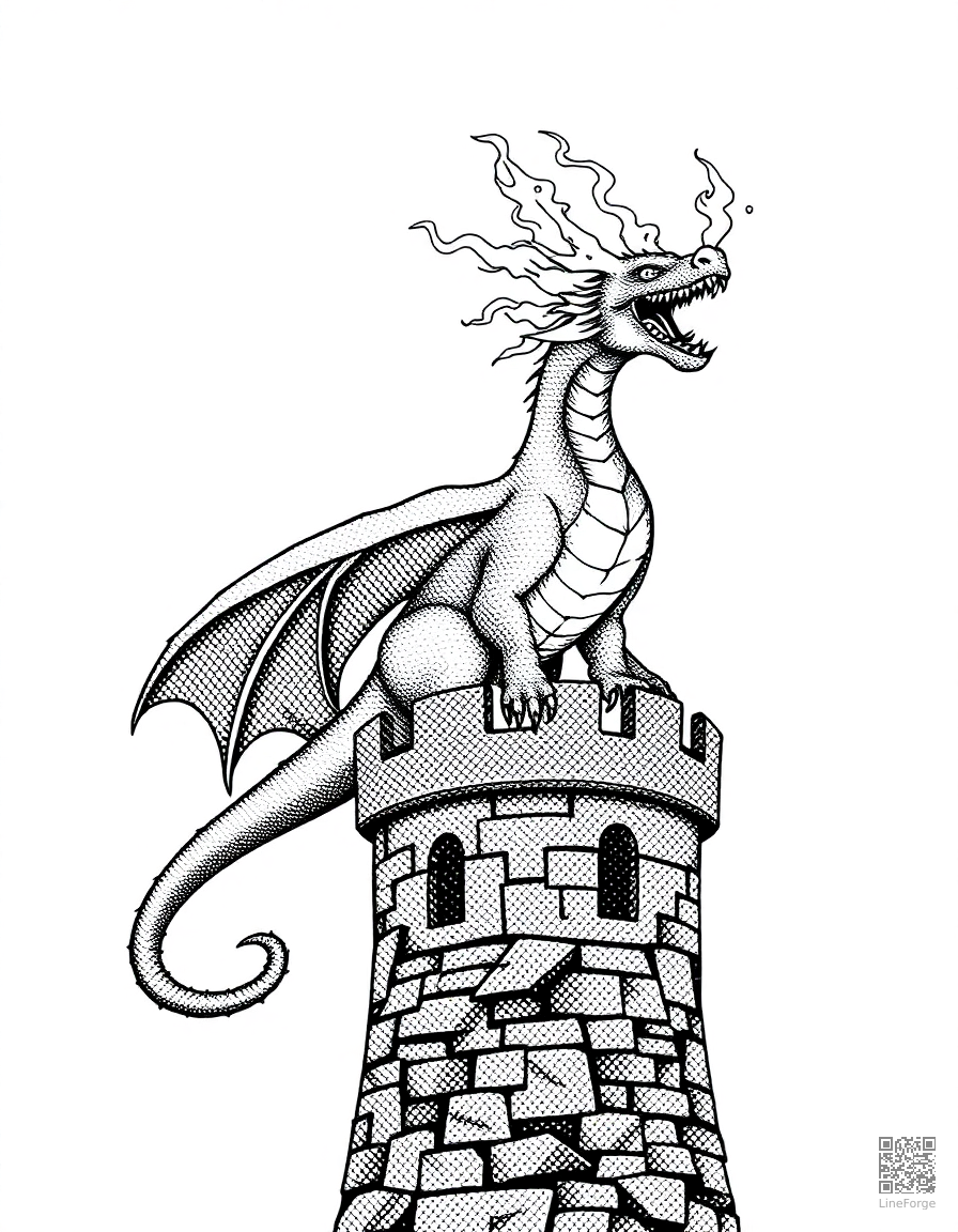 A fire-breathing dragon perched on a castle tower coloring page Stipple style - free printable