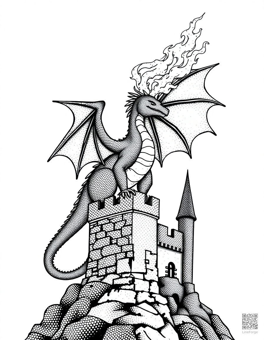 A fire-breathing dragon perched on a castle tower coloring page Stipple style - free printable