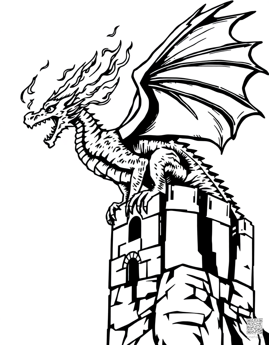 A fire-breathing dragon perched on a castle tower coloring page Woodcut style - free printable