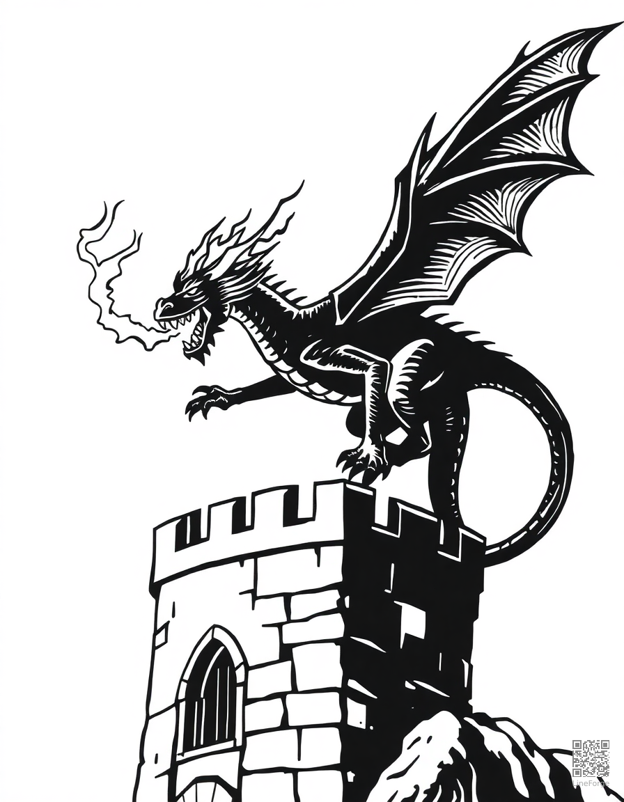 A fire-breathing dragon perched on a castle tower coloring page Woodcut style - free printable