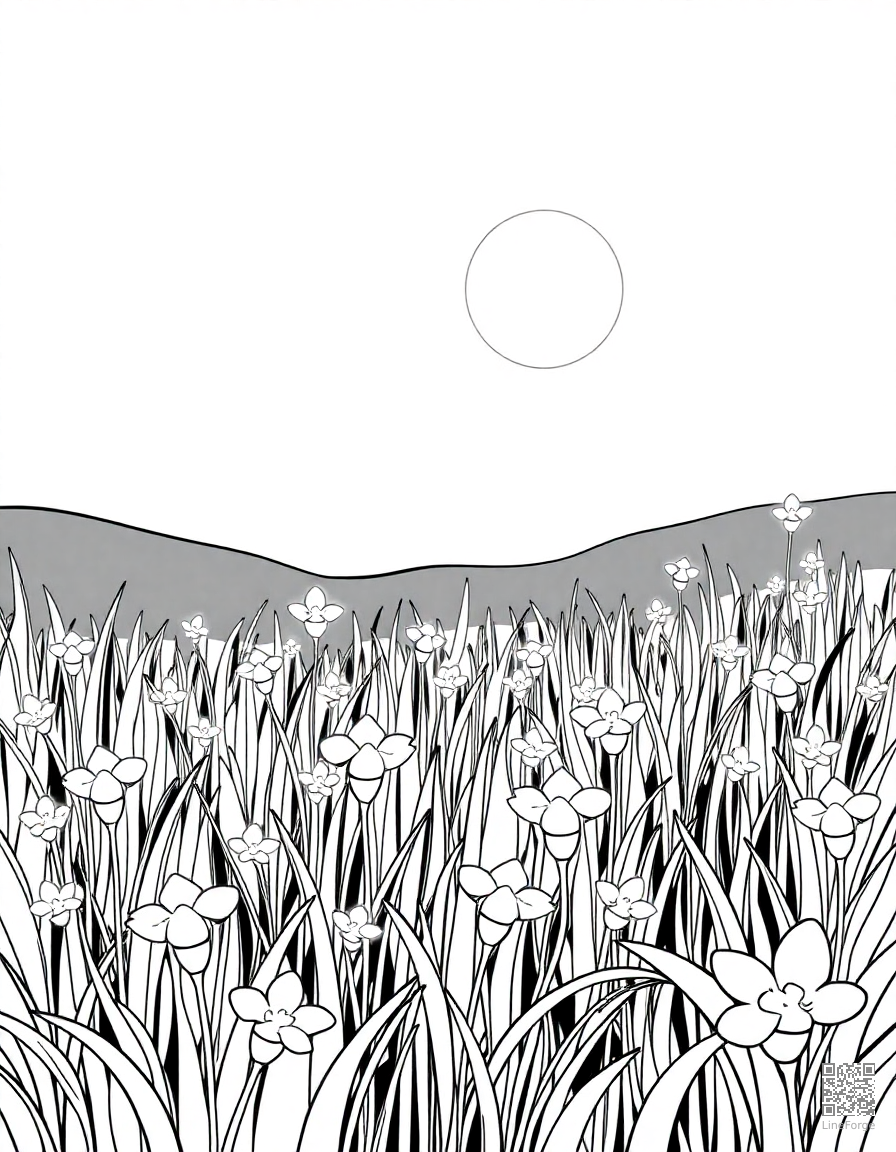 A firefly meadow glowing at twilight coloring page Contour style - free printable