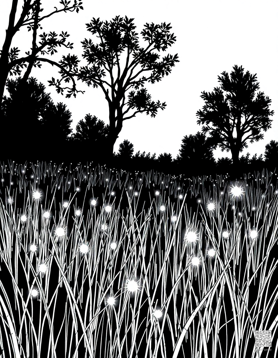 A firefly meadow glowing at twilight coloring page Crosshatch style free printable