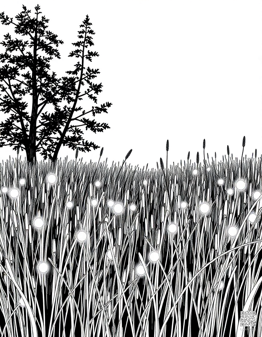 A firefly meadow glowing at twilight coloring page Crosshatch style free printable