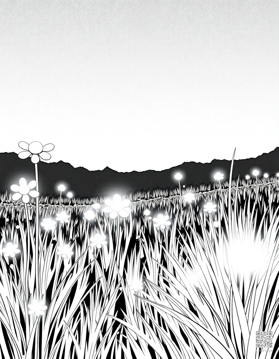 A firefly meadow glowing at twilight coloring page Manga style free printable