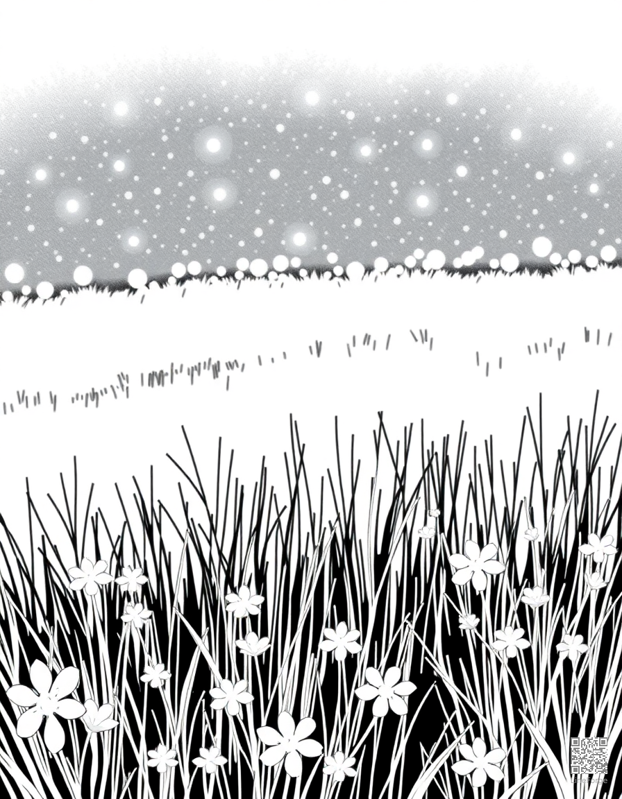 A firefly meadow glowing at twilight coloring page Manga style free printable