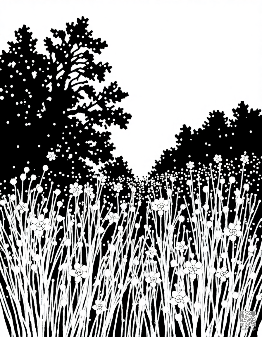 A firefly meadow glowing at twilight coloring page Stipple style free printable