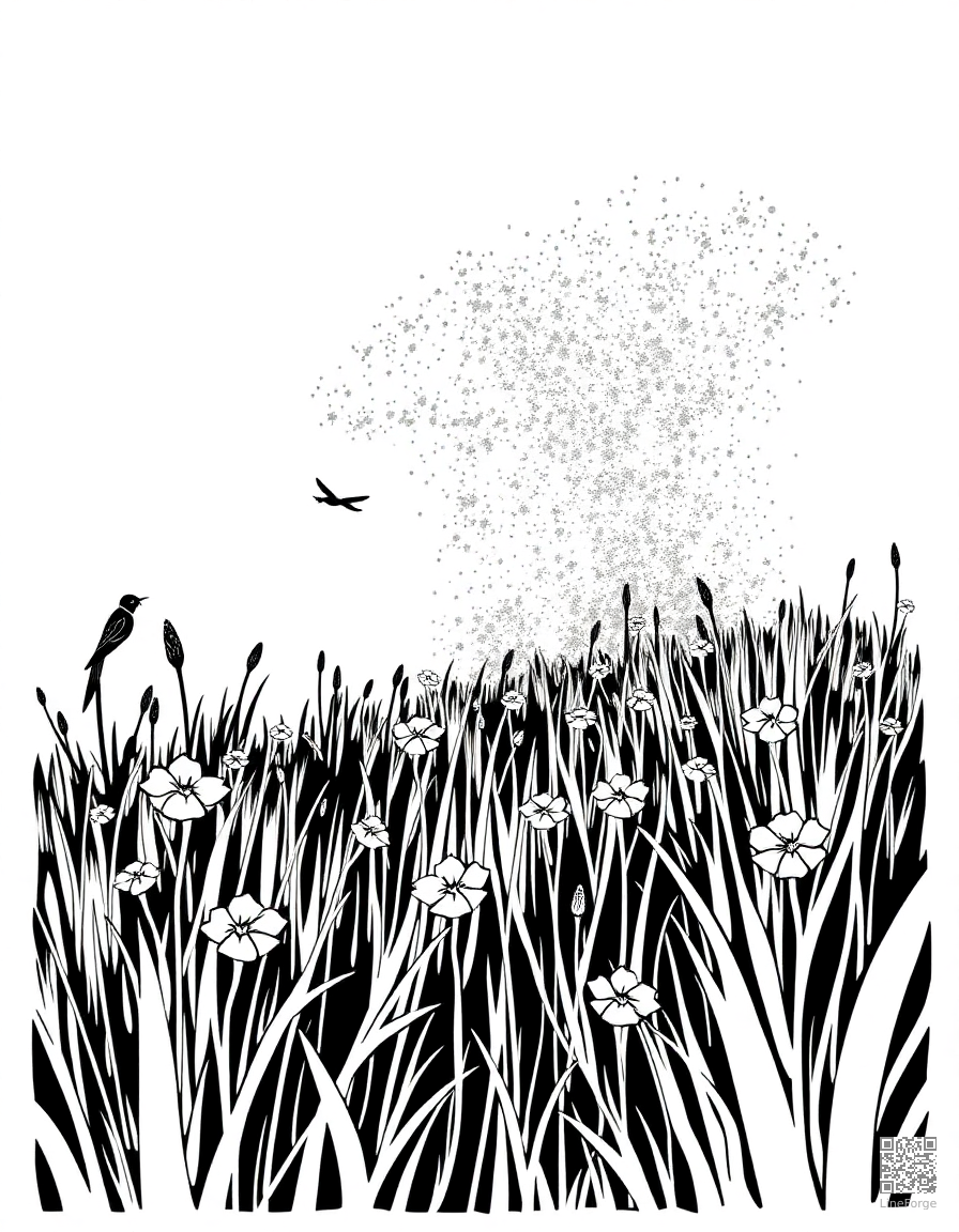 A firefly meadow glowing at twilight coloring page Woodcut style free printable