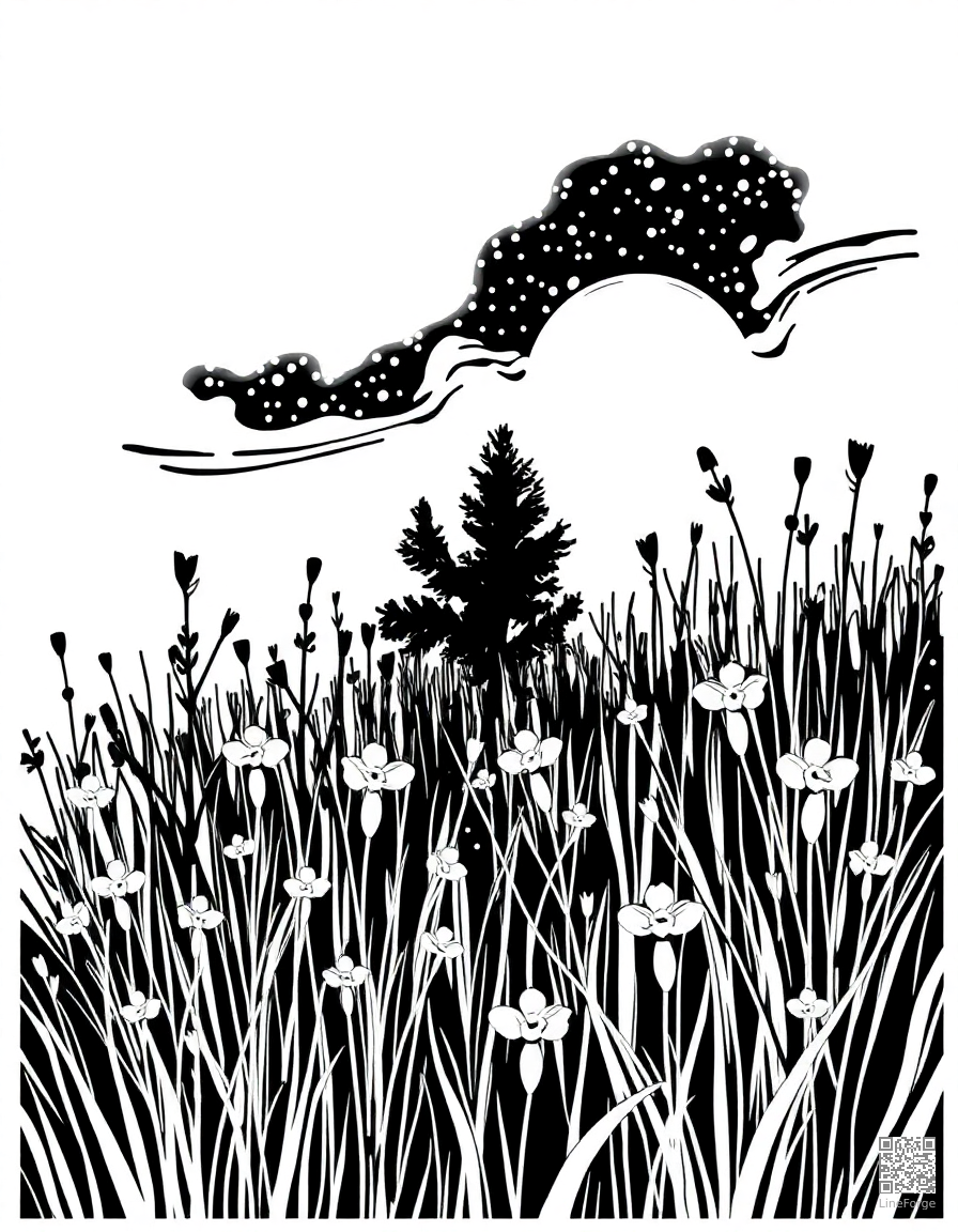 A firefly meadow glowing at twilight coloring page Woodcut style free printable
