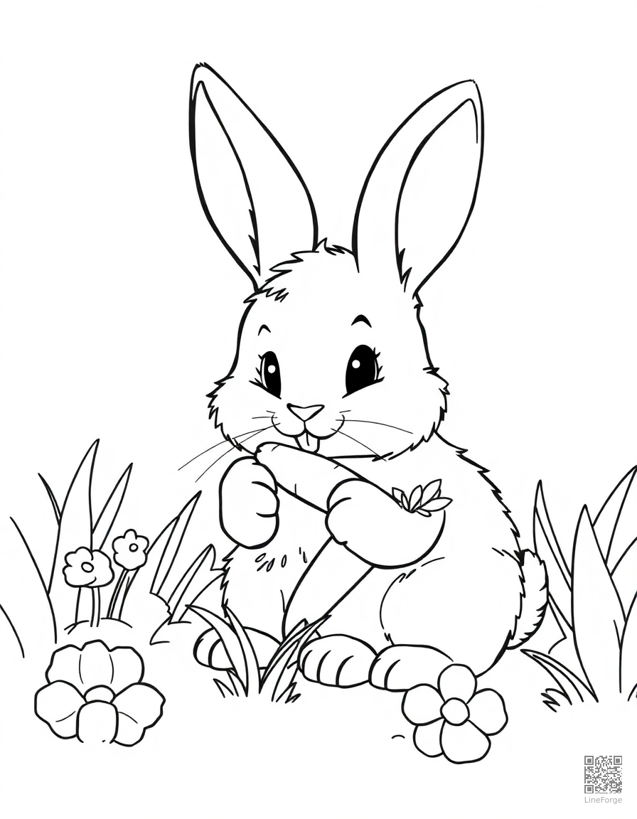 A fluffy bunny nibbling a carrot in a garden coloring page Contour style - free printable