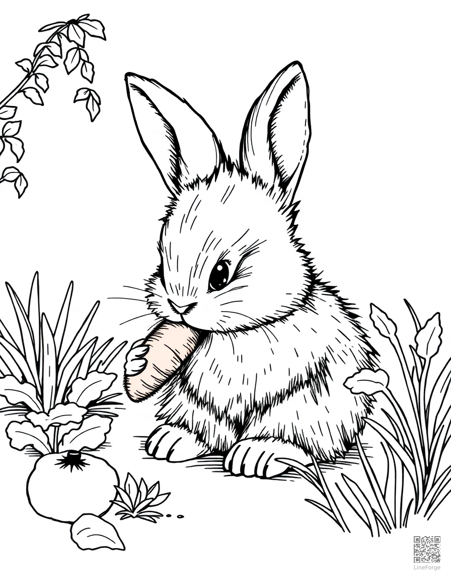 A fluffy bunny nibbling a carrot in a garden coloring page Crosshatch style - free printable