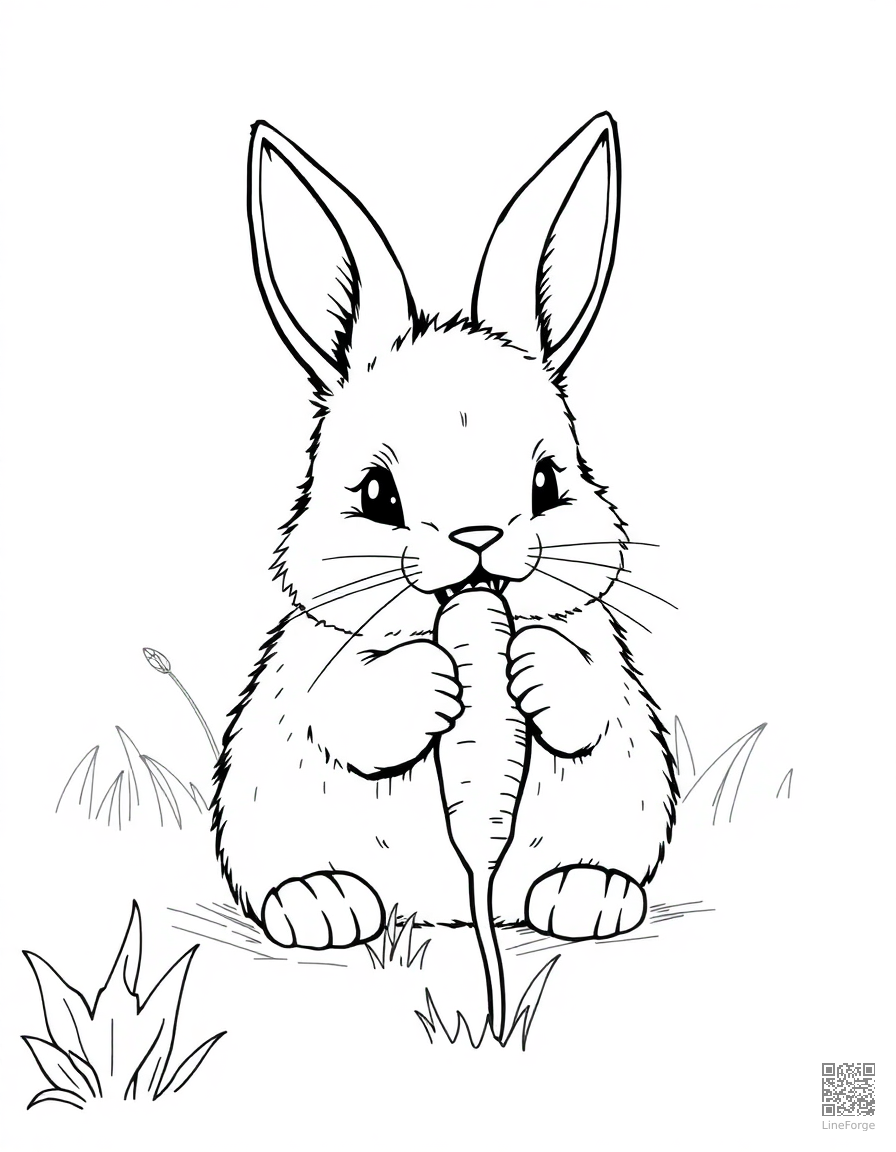 A fluffy bunny nibbling a carrot in a garden coloring page Manga style - free printable