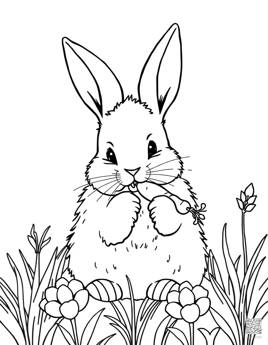 A fluffy bunny nibbling a carrot in a garden coloring page Minimal style - free printable