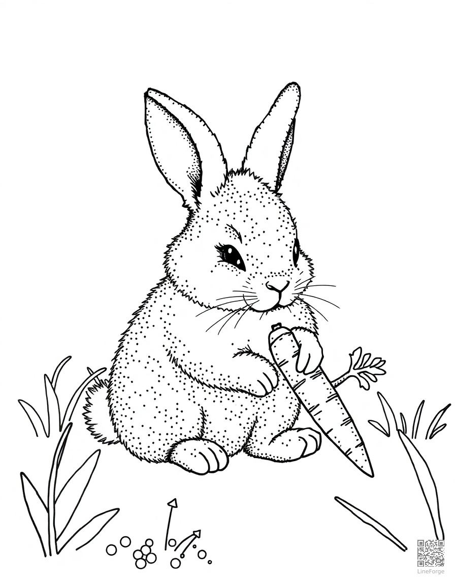 A fluffy bunny nibbling a carrot in a garden coloring page Stipple style - free printable