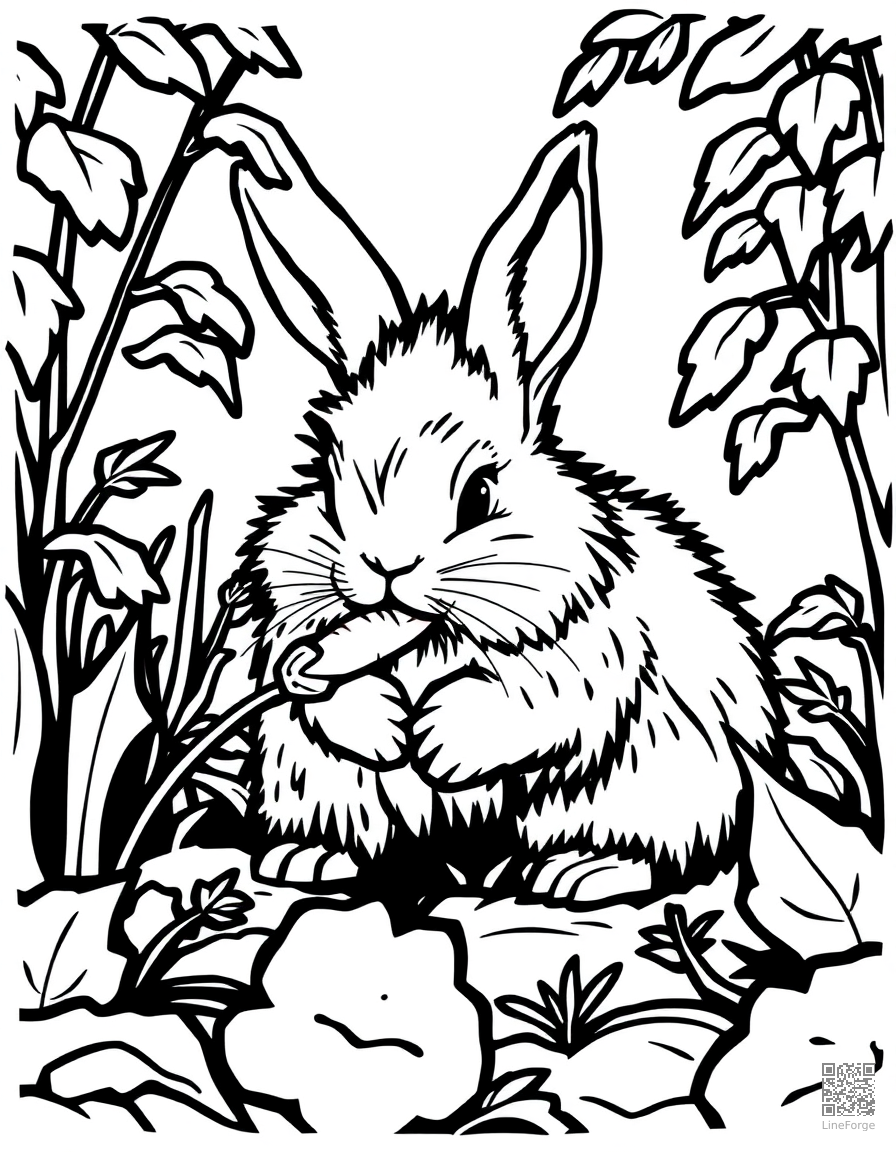 A fluffy bunny nibbling a carrot in a garden coloring page Woodcut style - free printable