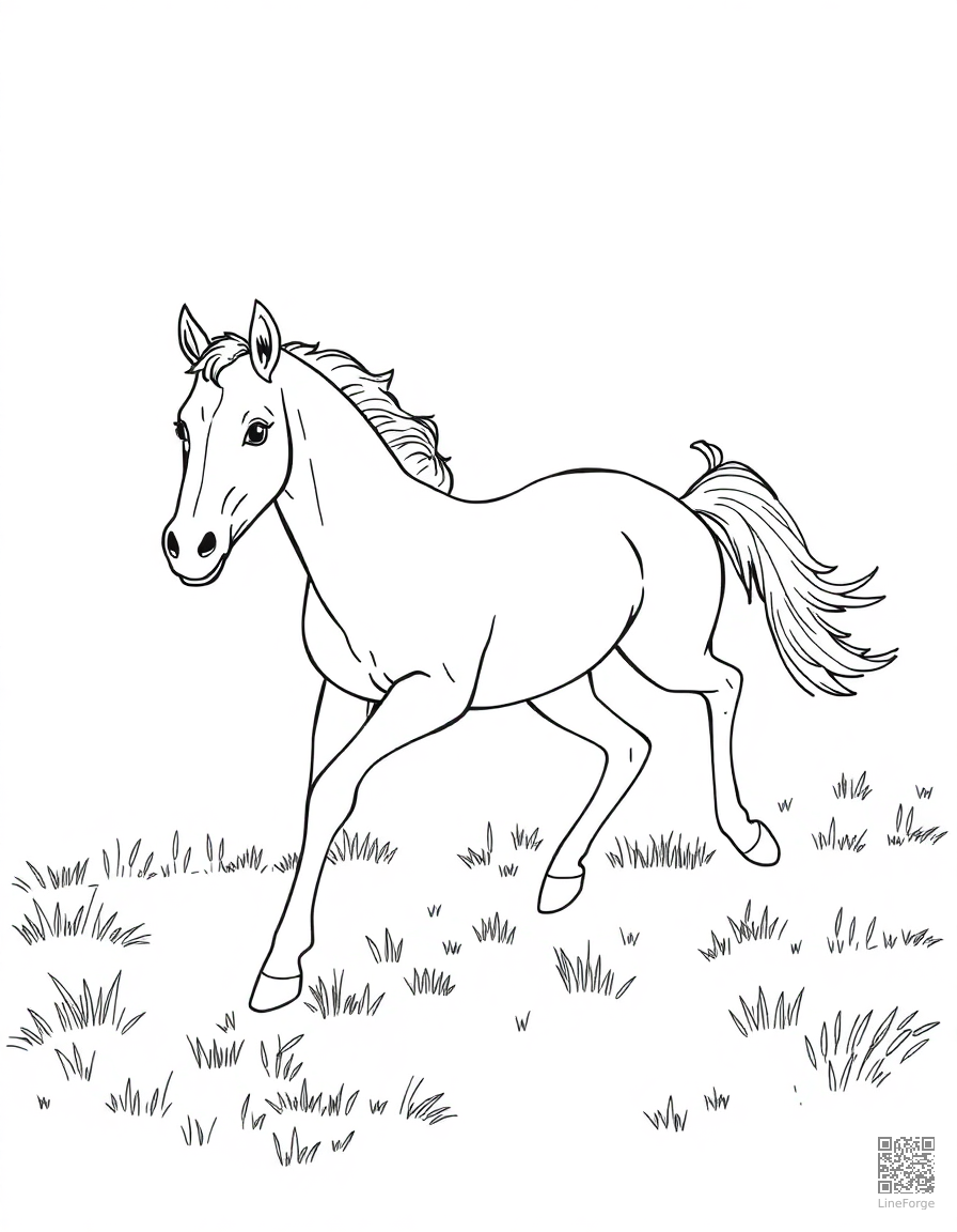 A foal running beside its mother in a pasture coloring page Contour style free printable