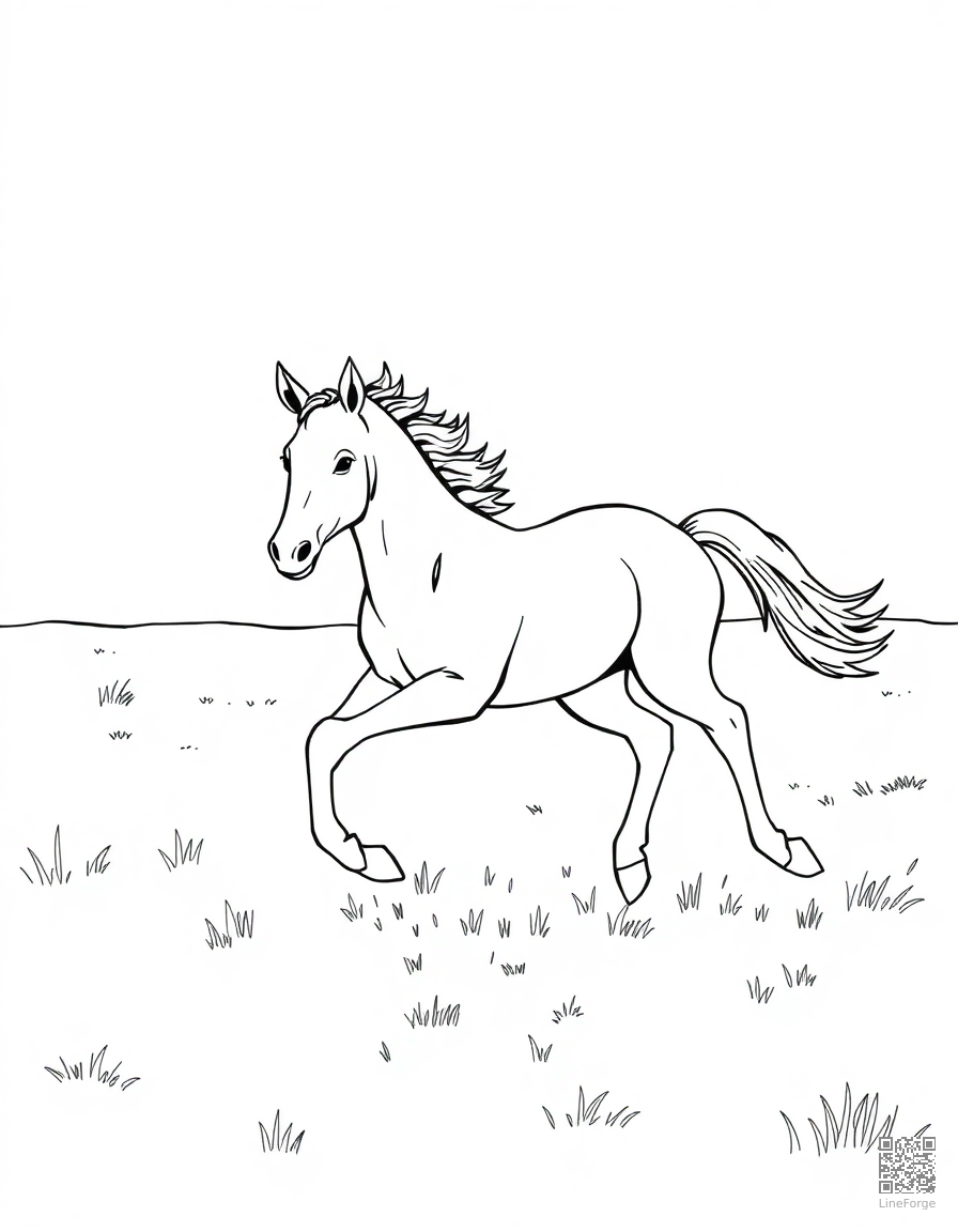 A foal running beside its mother in a pasture coloring page Contour style free printable