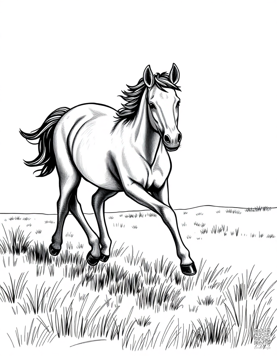 A foal running beside its mother in a pasture coloring page Crosshatch style free printable