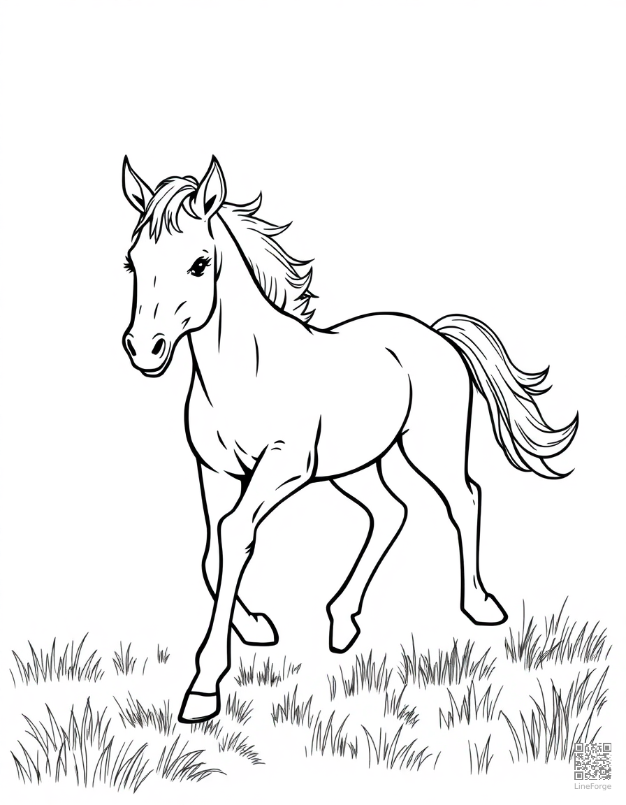 A foal running beside its mother in a pasture coloring page Manga style - free printable