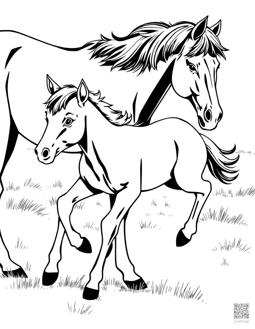 A foal running beside its mother in a pasture coloring page Manga style - free printable