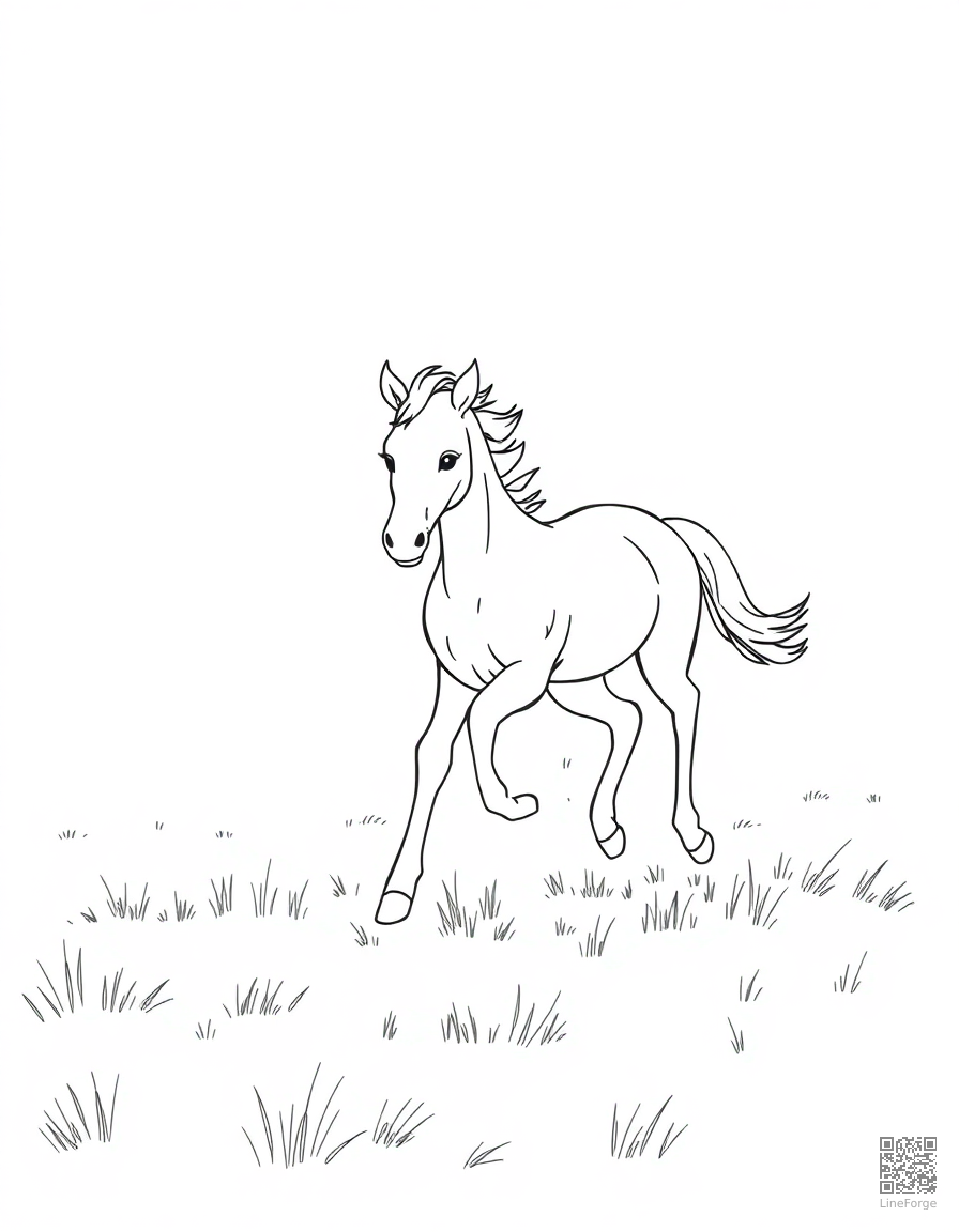 A foal running beside its mother in a pasture coloring page Minimal style free printable