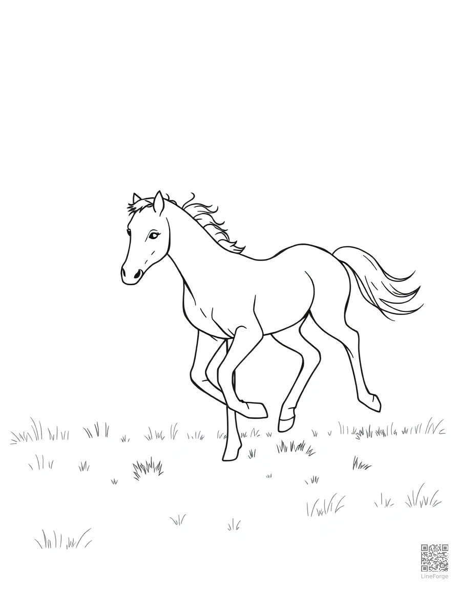 A foal running beside its mother in a pasture coloring page Minimal style free printable