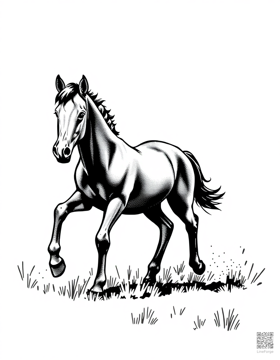 A foal running beside its mother in a pasture coloring page Stipple style free printable