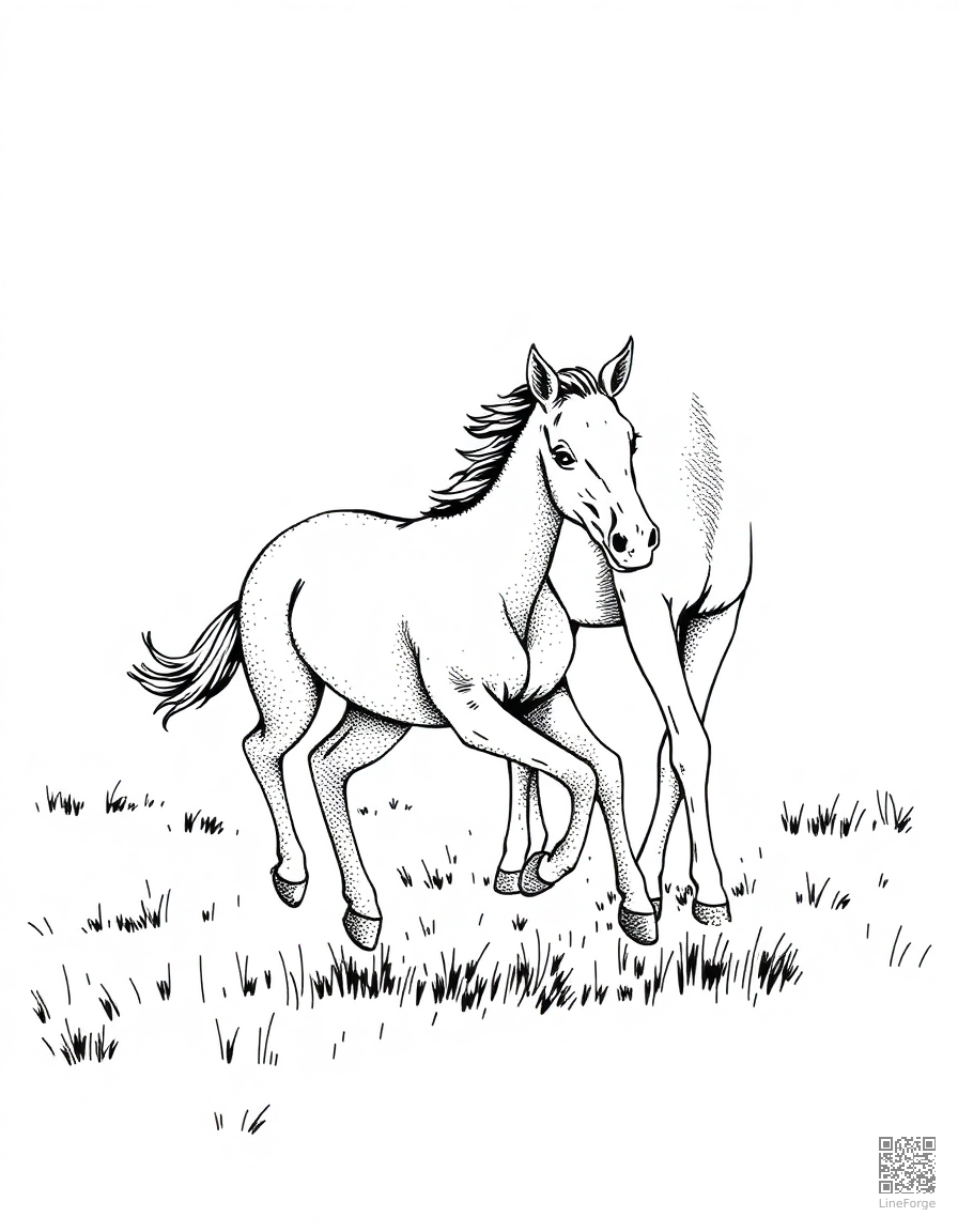 A foal running beside its mother in a pasture coloring page Stipple style free printable