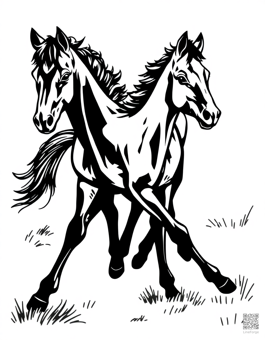 A foal running beside its mother in a pasture coloring page Woodcut style - free printable