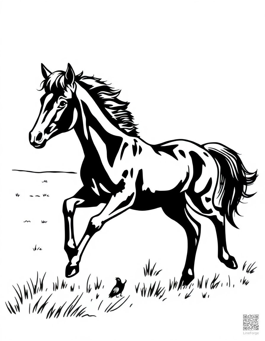 A foal running beside its mother in a pasture coloring page Woodcut style - free printable