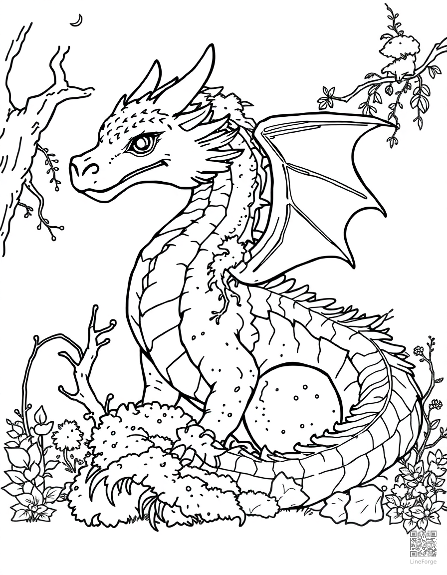 A forest dragon covered in moss and vines coloring page Contour style - free printable