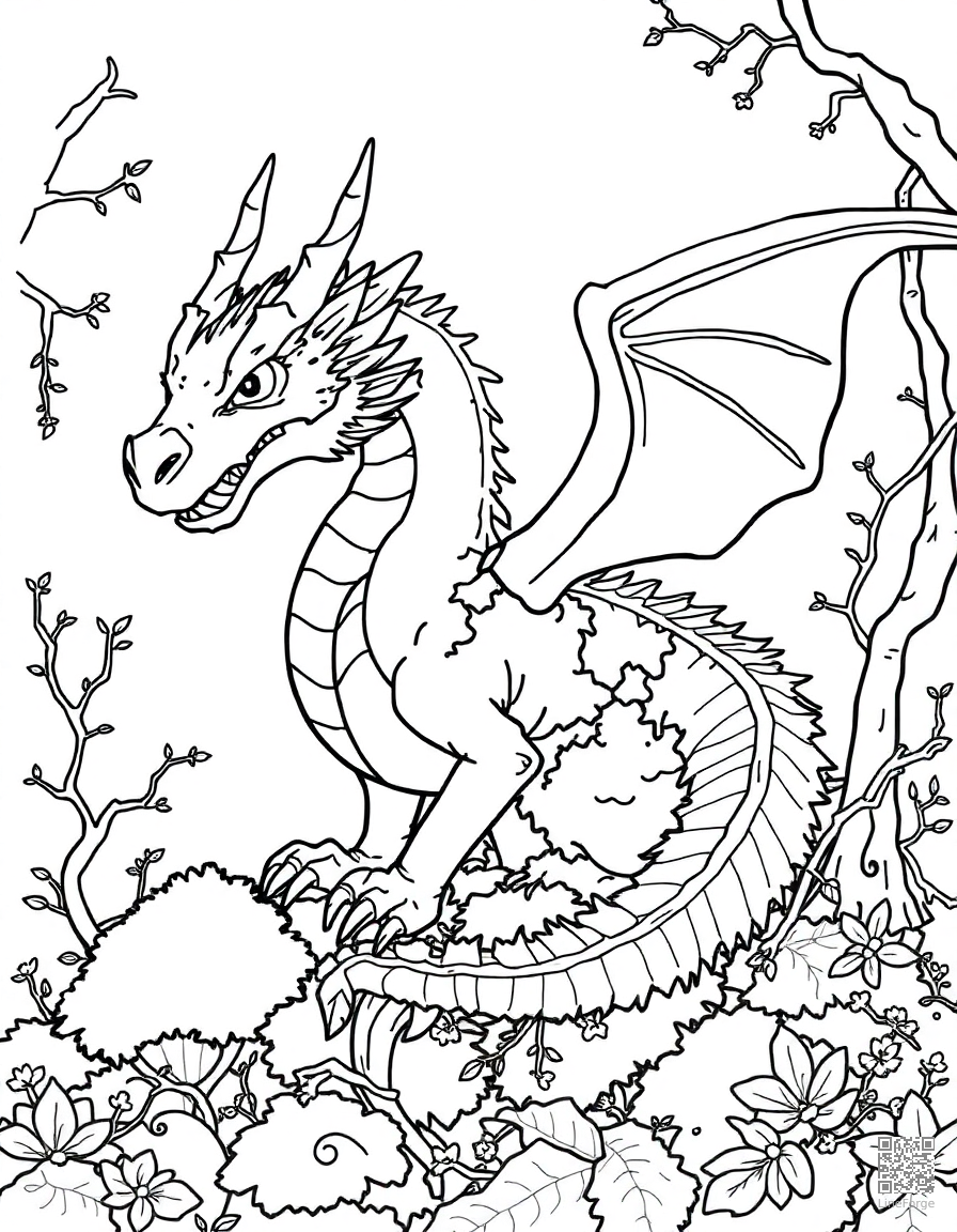 A forest dragon covered in moss and vines coloring page Contour style - free printable