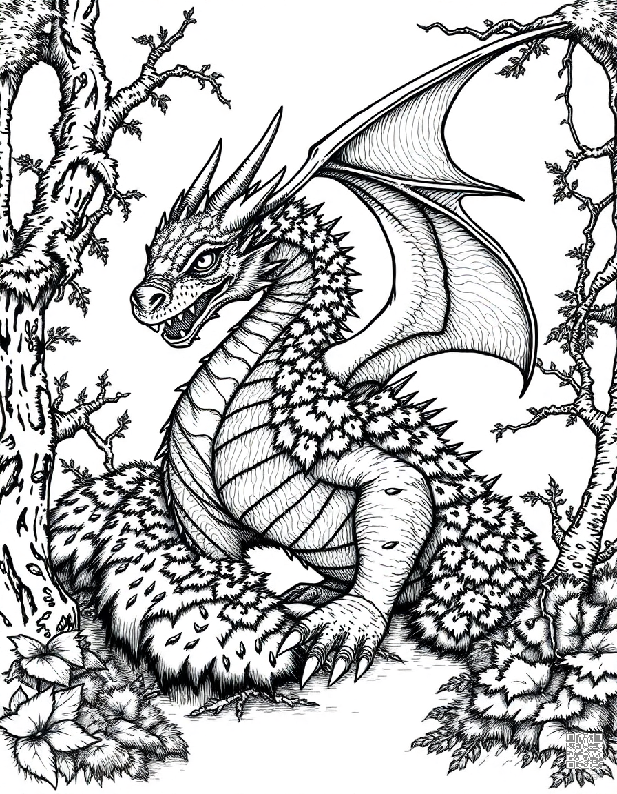 A forest dragon covered in moss and vines coloring page Crosshatch style - free printable