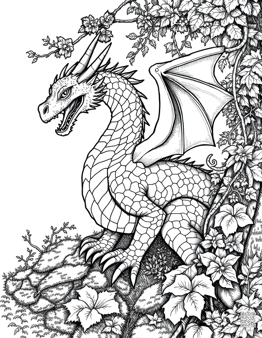 A forest dragon covered in moss and vines coloring page Crosshatch style - free printable