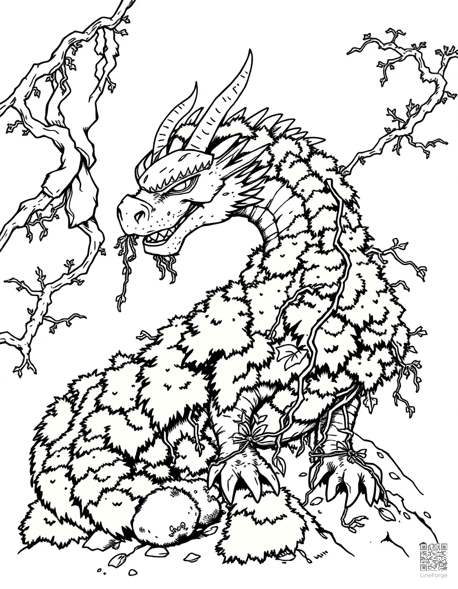 A forest dragon covered in moss and vines coloring page Manga style - free printable