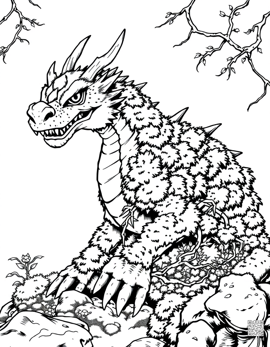 A forest dragon covered in moss and vines coloring page Manga style - free printable