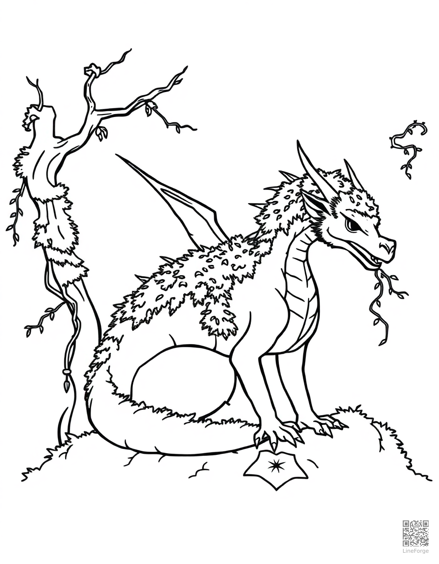 A forest dragon covered in moss and vines coloring page Minimal style - free printable