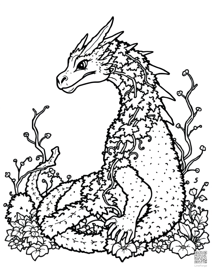 A forest dragon covered in moss and vines coloring page Minimal style - free printable