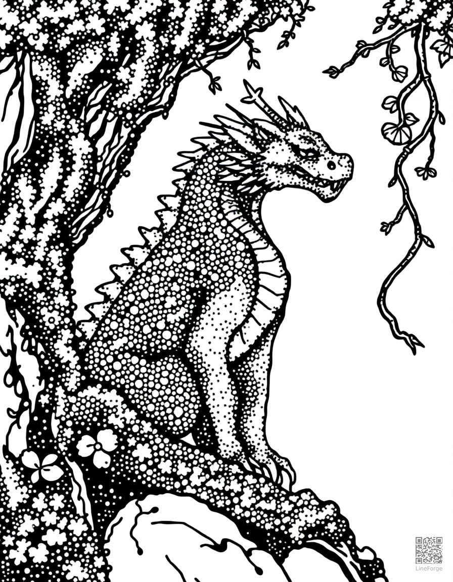 A forest dragon covered in moss and vines coloring page Stipple style - free printable