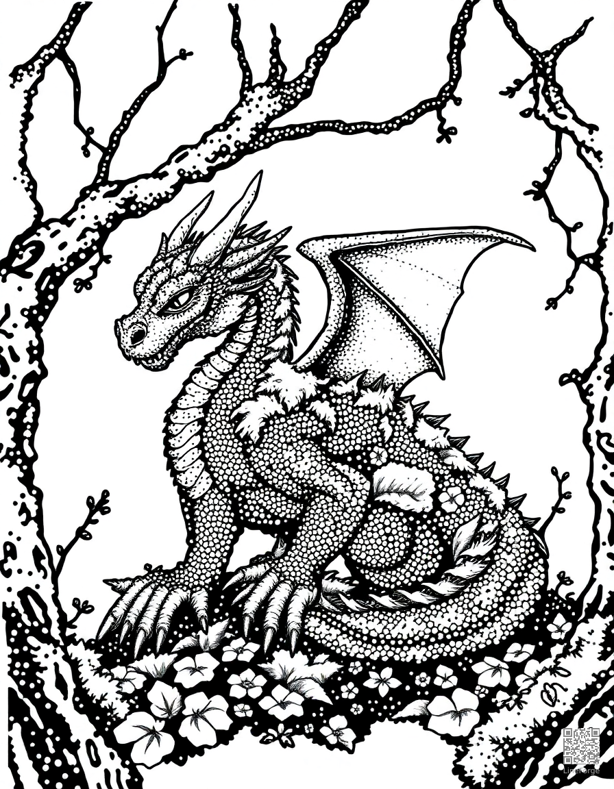 A forest dragon covered in moss and vines coloring page Stipple style - free printable