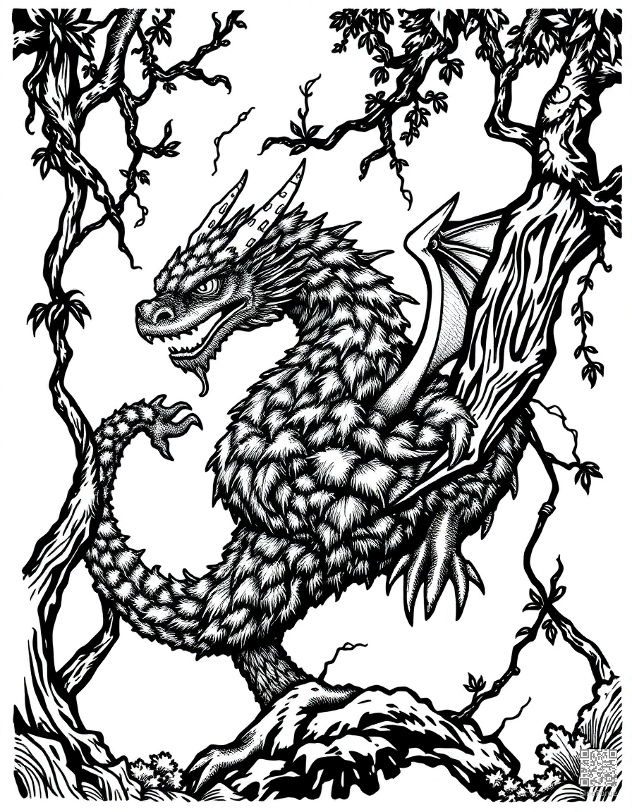 A forest dragon covered in moss and vines coloring page Woodcut style - free printable