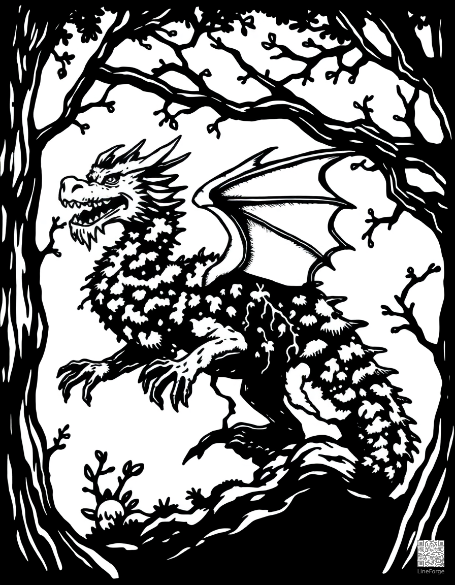 A forest dragon covered in moss and vines coloring page Woodcut style - free printable