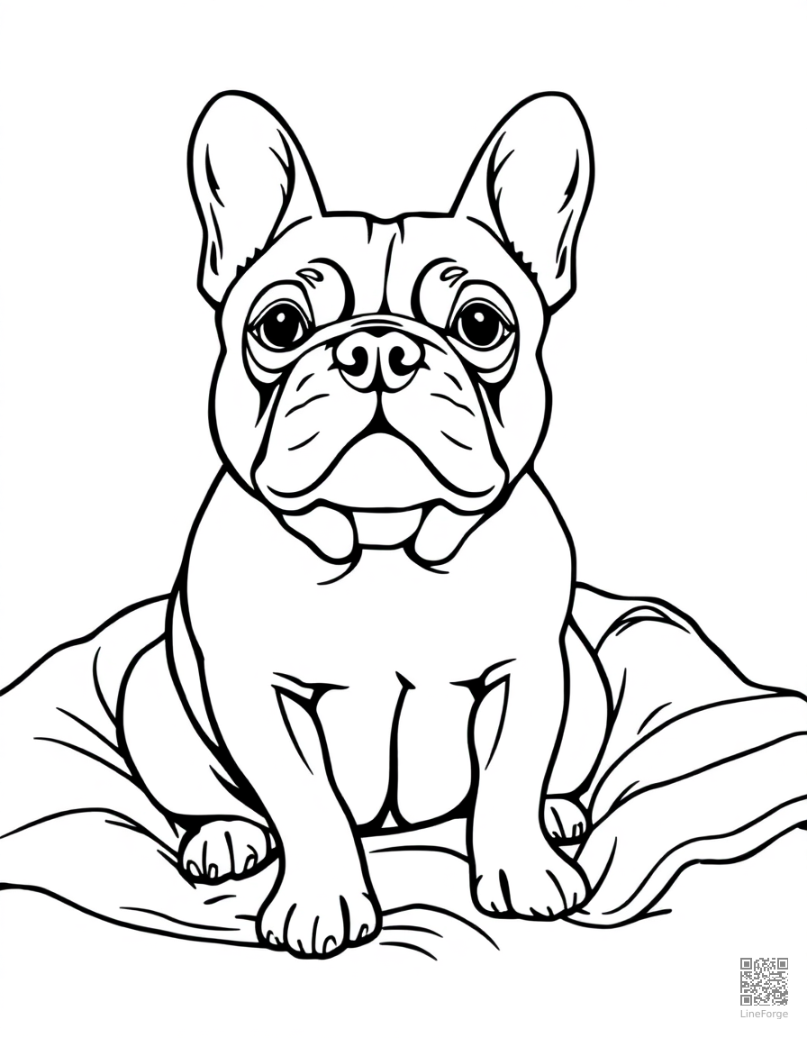 A french bulldog sitting on a cozy blanket coloring page Contour style - free printable