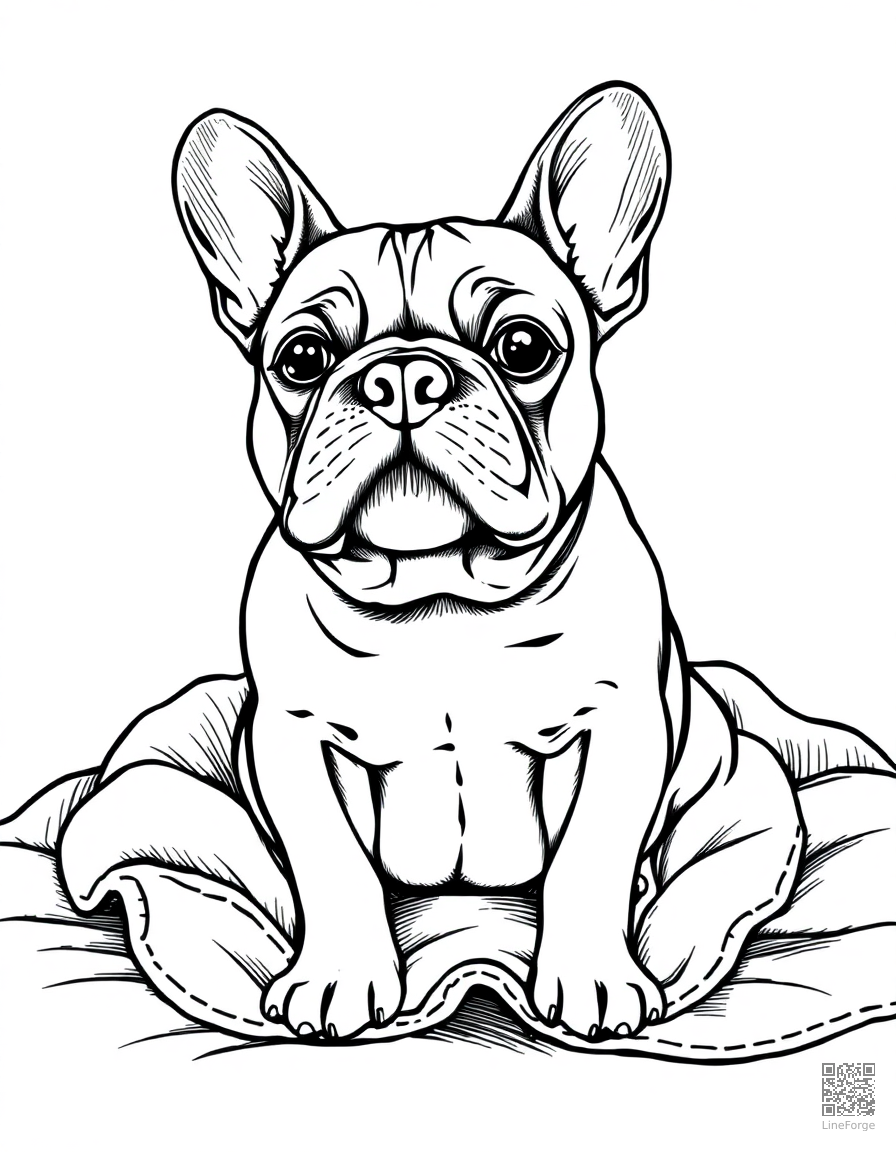 A french bulldog sitting on a cozy blanket coloring page Crosshatch style - free printable