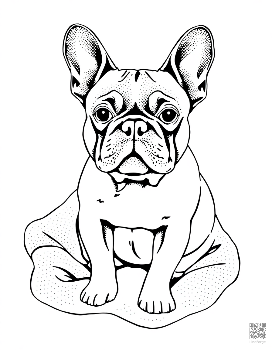 A french bulldog sitting on a cozy blanket coloring page Stipple style - free printable