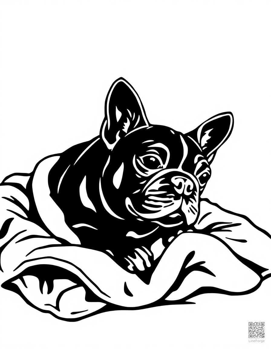 A french bulldog sitting on a cozy blanket coloring page Woodcut style - free printable