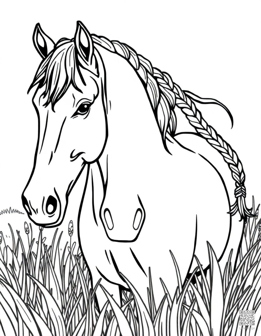 A friesian horse with braided mane in a meadow coloring page Contour style free printable