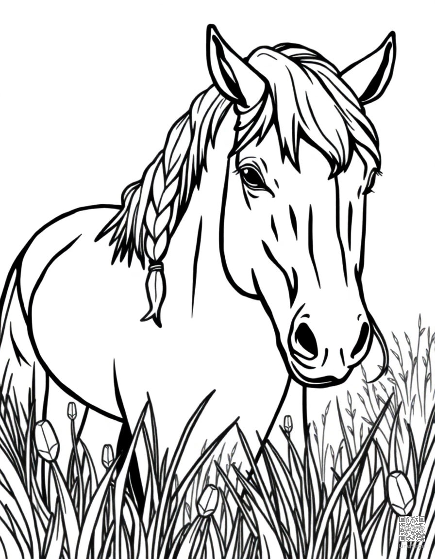 A friesian horse with braided mane in a meadow coloring page Contour style free printable