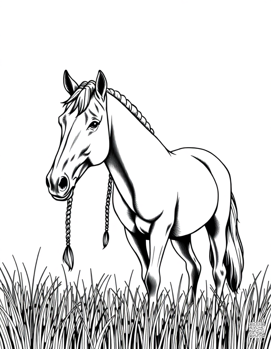 A friesian horse with braided mane in a meadow coloring page Crosshatch style free printable